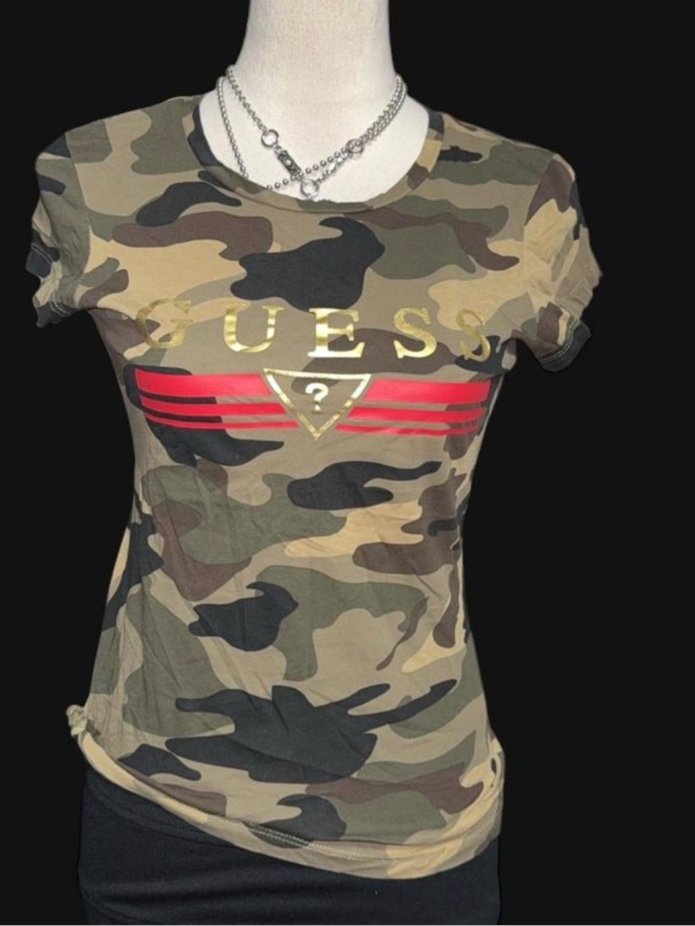 Guess Green Camo Short Sleeve Tee with Gold Logo and Red Stripe